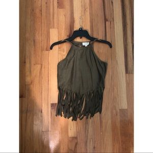 Olive Velvet Crop Top with Fringe